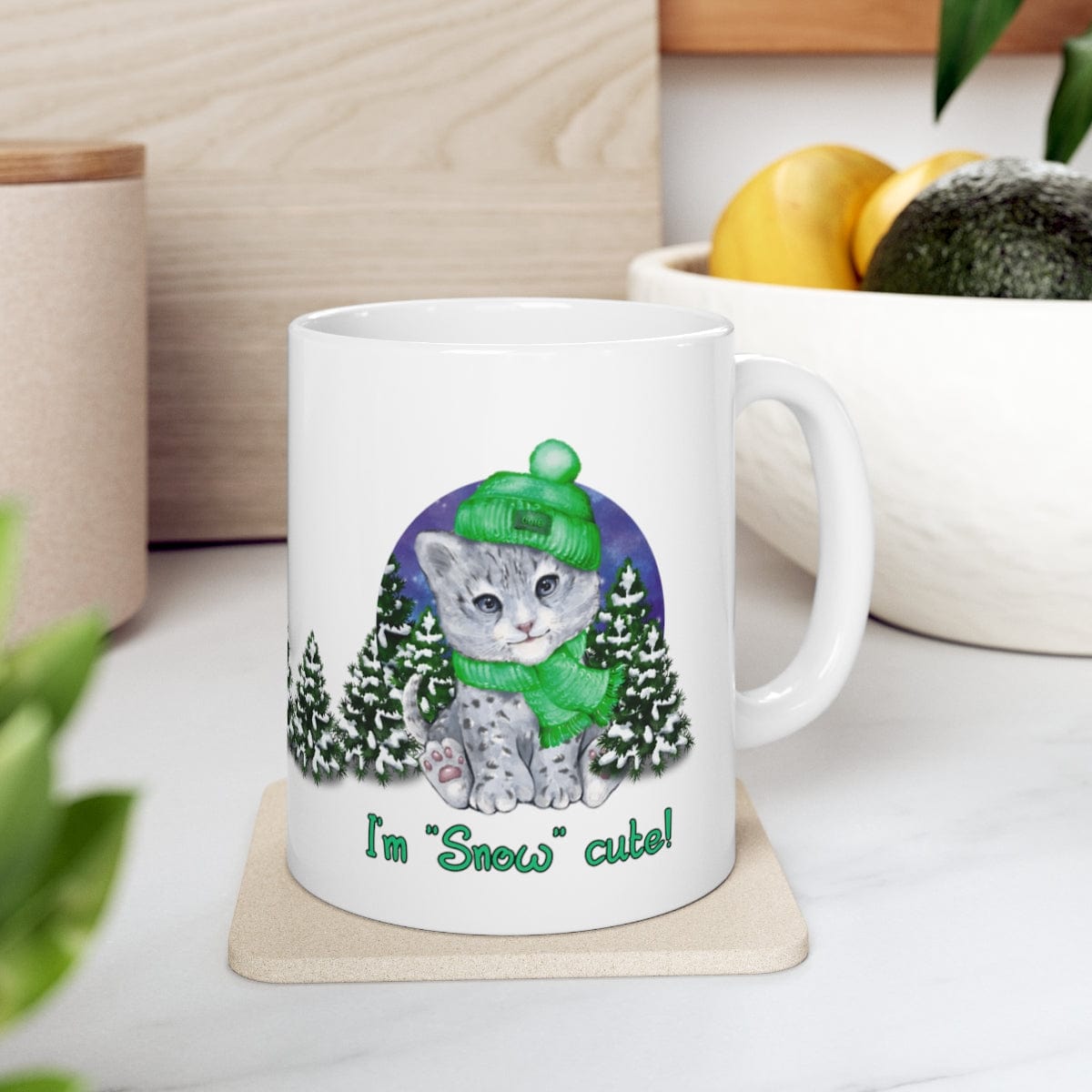 Printify Mug 11oz Coffee Mug, "I'm SNOW Cute!",  Baby Snow Leopard Mug, Green Outfit, White 11oz Ceramic, Gift for Her, Cute Mug, Funny Mug, Free Shipp 15521824414343900357