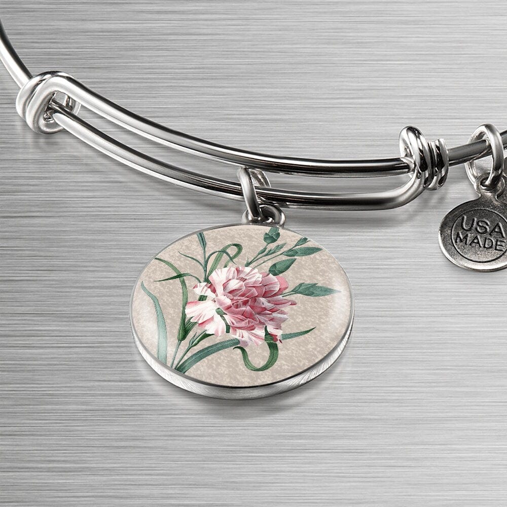 ShineOn Fulfillment Jewelry Personalized Carnation Flower Art, Custom Pendant with Luxury Bangle - Personalized Engraving Available, Gift Box Included, Free Shipping