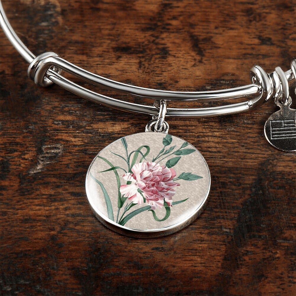 ShineOn Fulfillment Jewelry Personalized Carnation Flower Art, Custom Pendant with Luxury Bangle - Personalized Engraving Available, Gift Box Included, Free Shipping