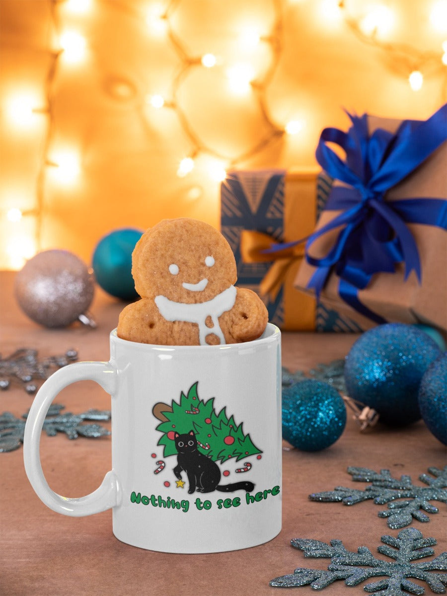Printify Mug 15oz Coffee Mug, "Nothing to See Here", Cat attacks tree, Christmas Coffee Mug Gift , White 15 oz Ceramic, Gift for Her, Cute Mug, Free Shipping 28241881805199253504