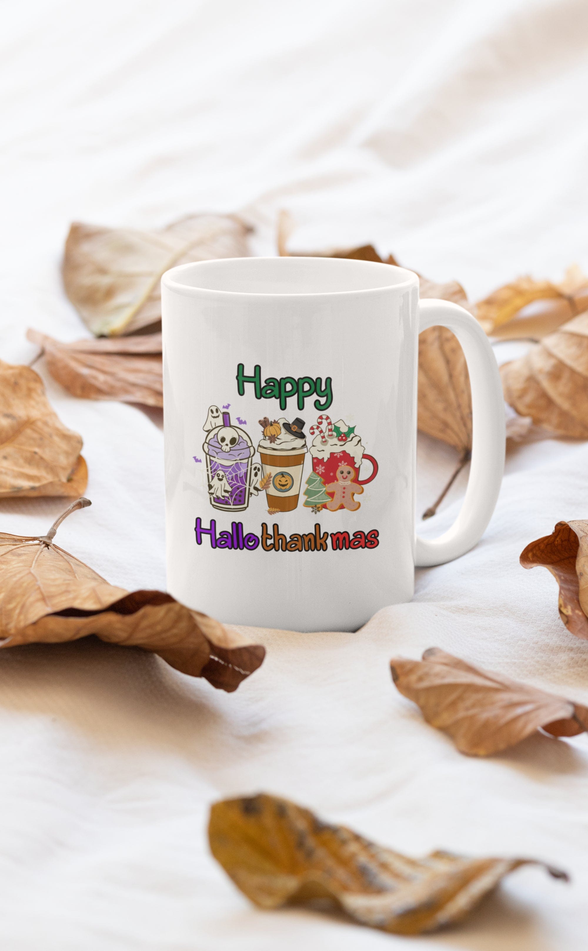 Printify Mug 15oz Coffee Mug 15 oz, "Happy Hallothankmas" White 15oz Ceramic Mug , Gift for Her or Him, Humorous Mug, Funny Mug 10573599284185879761