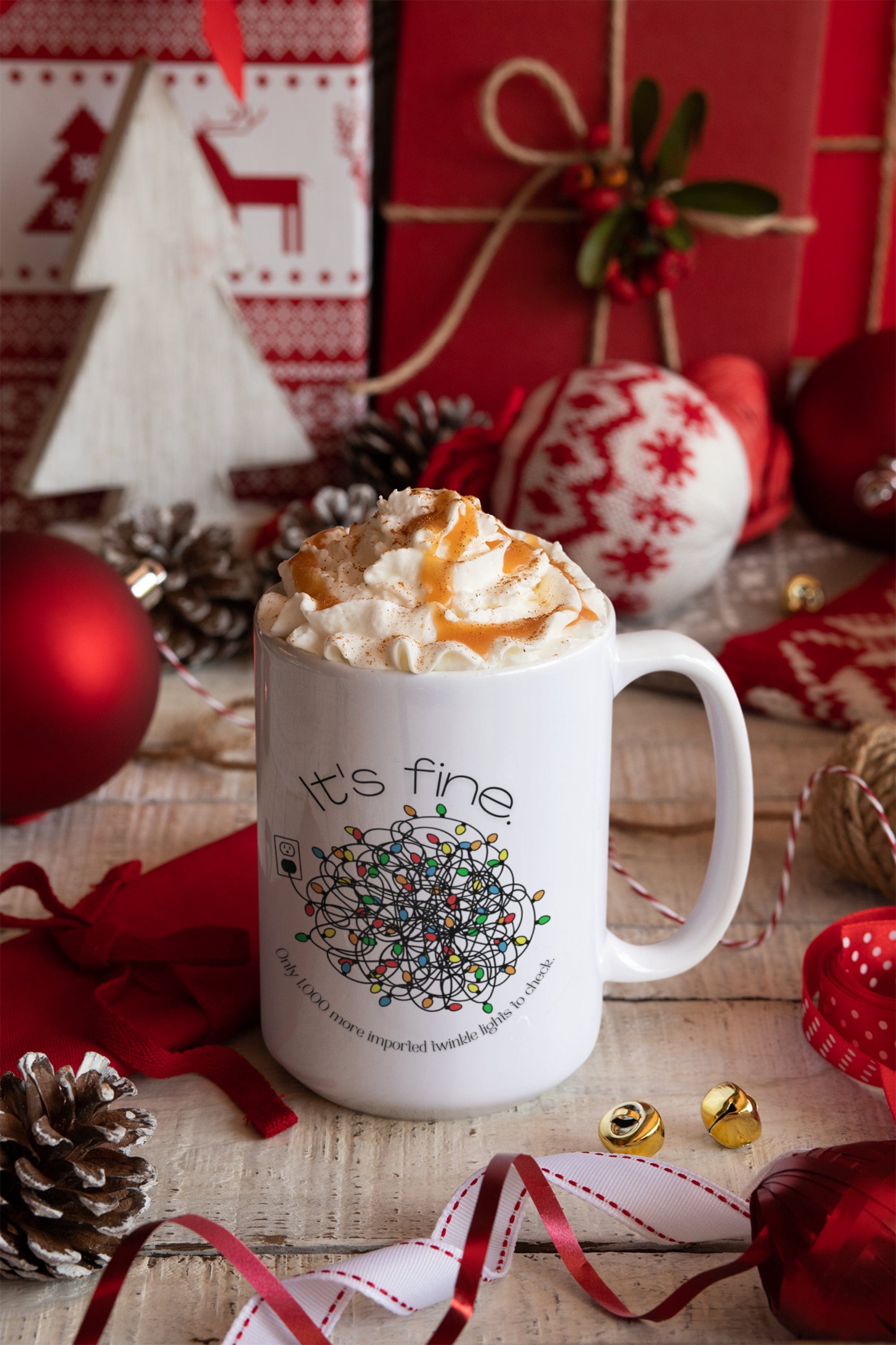 Printify Mug 15oz Coffee Mug, "It's Fine. Only 1,000 imported Twinkle Lights to Check, Mug, White 15oz Ceramic, Gift for Her, Christmas Mug 77099091792996865082