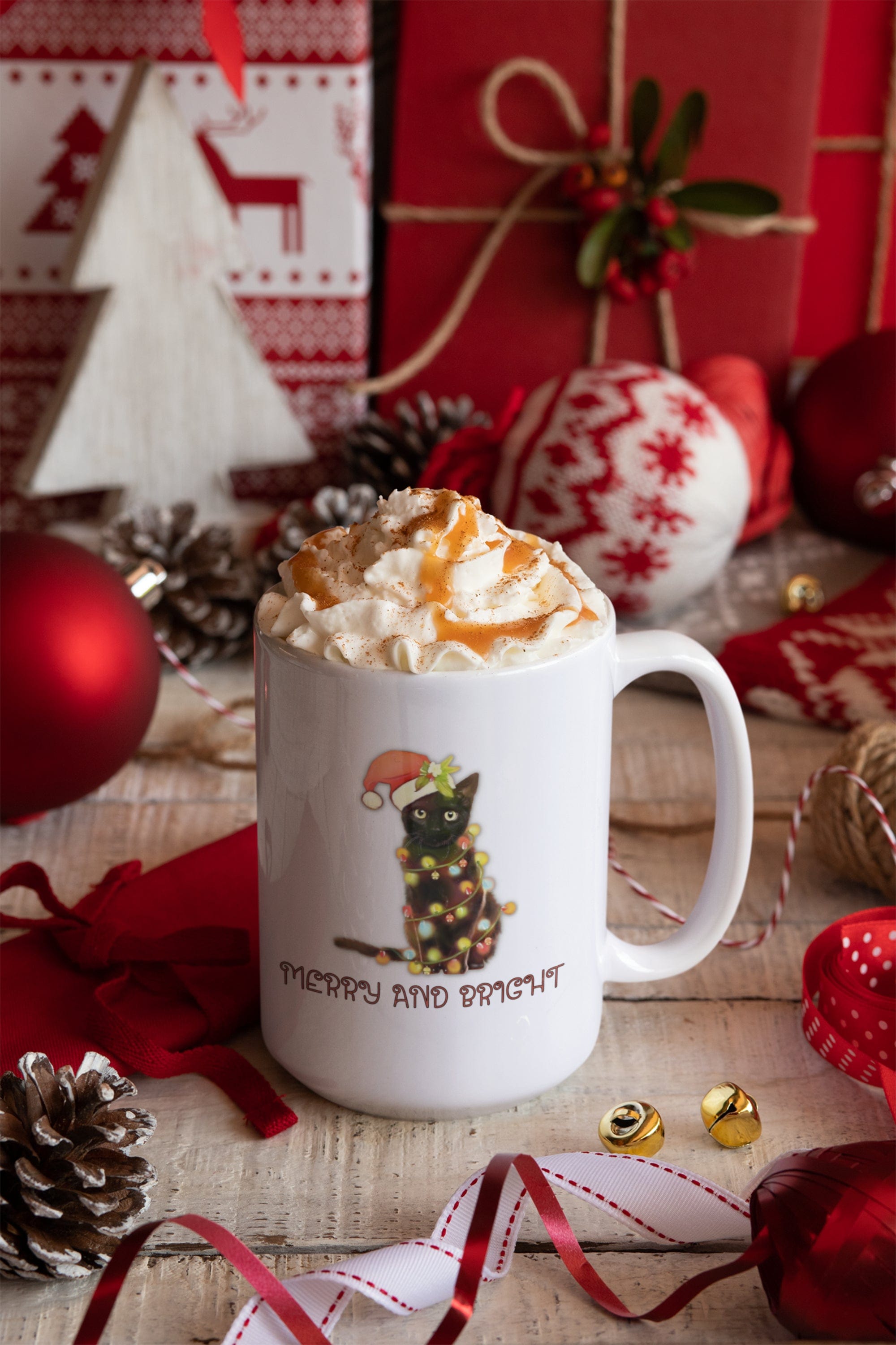 Printify Mug 15oz Coffee Mug, "Merry and Bright", Cat with lights, Christmas Coffee Mug Gift , White 15oz Ceramic, Gift for Her, Cute Mug, Free Shipping 30591592797192310958