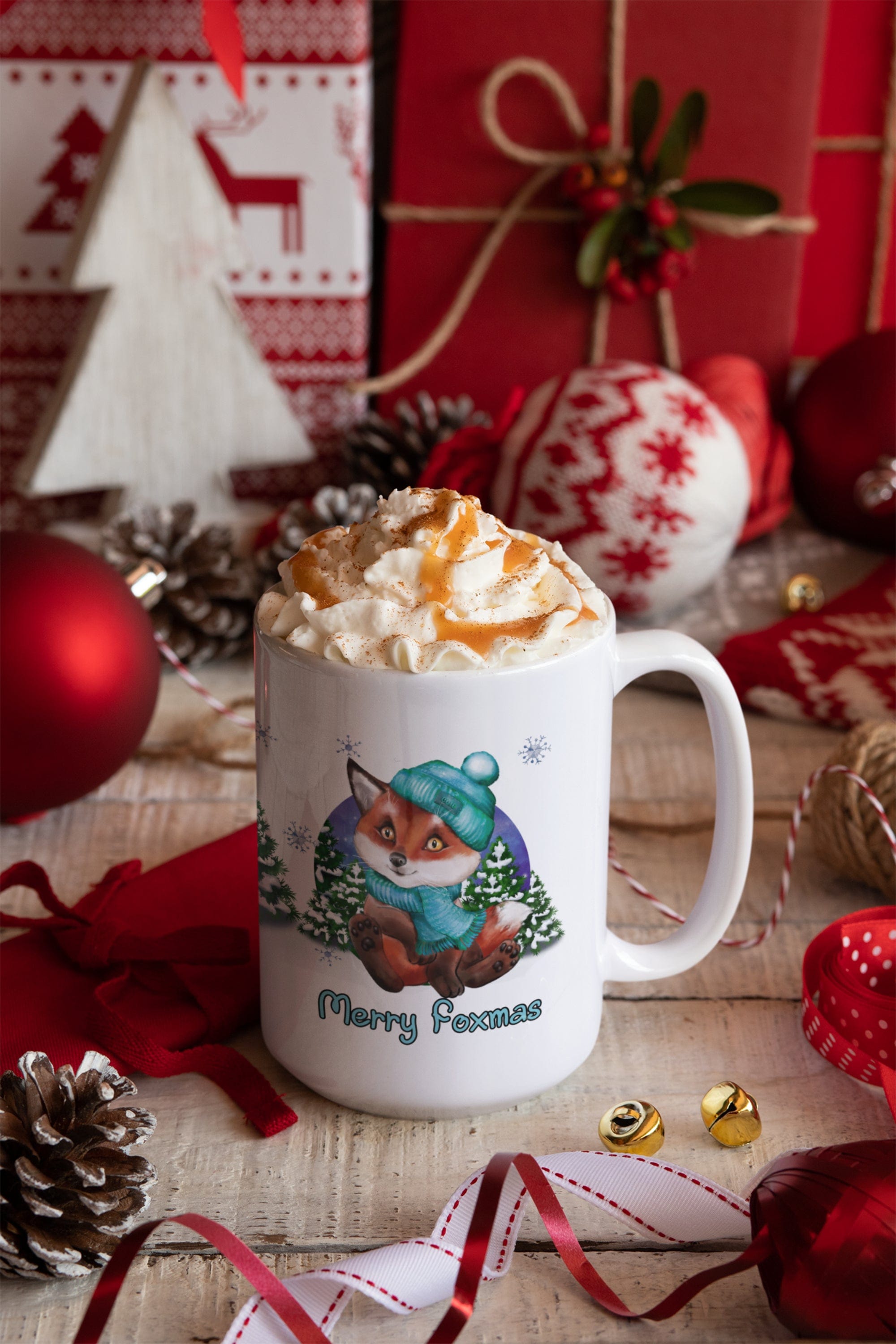 Printify Mug 15oz Coffee Mug, "Merry Foxmas",  Baby Fox Mug, Blue Beanie and Scarf, White 15 oz Ceramic, Gift for Her, Cute Mug, Free Shipping 27382209747318049501