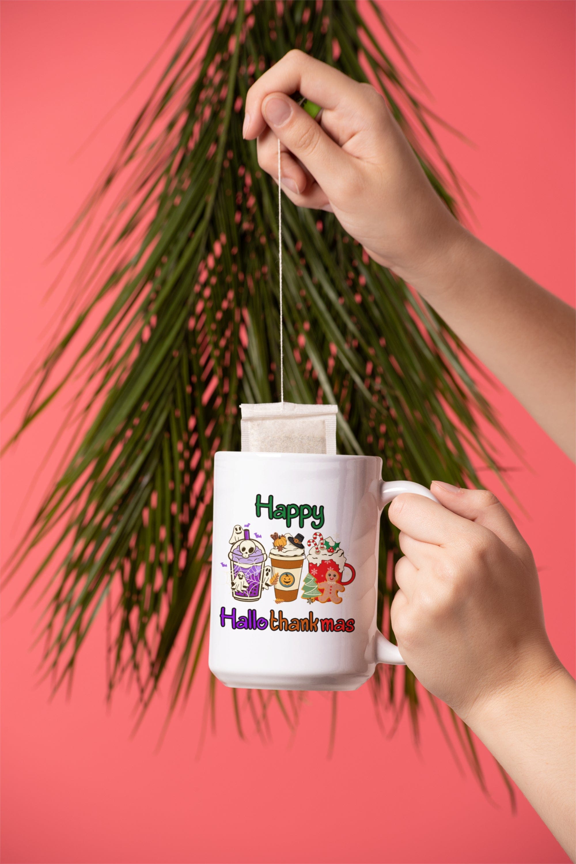 Printify Mug 15oz Coffee Mug 15 oz, "Happy Hallothankmas" White 15oz Ceramic Mug , Gift for Her or Him, Humorous Mug, Funny Mug 10573599284185879761