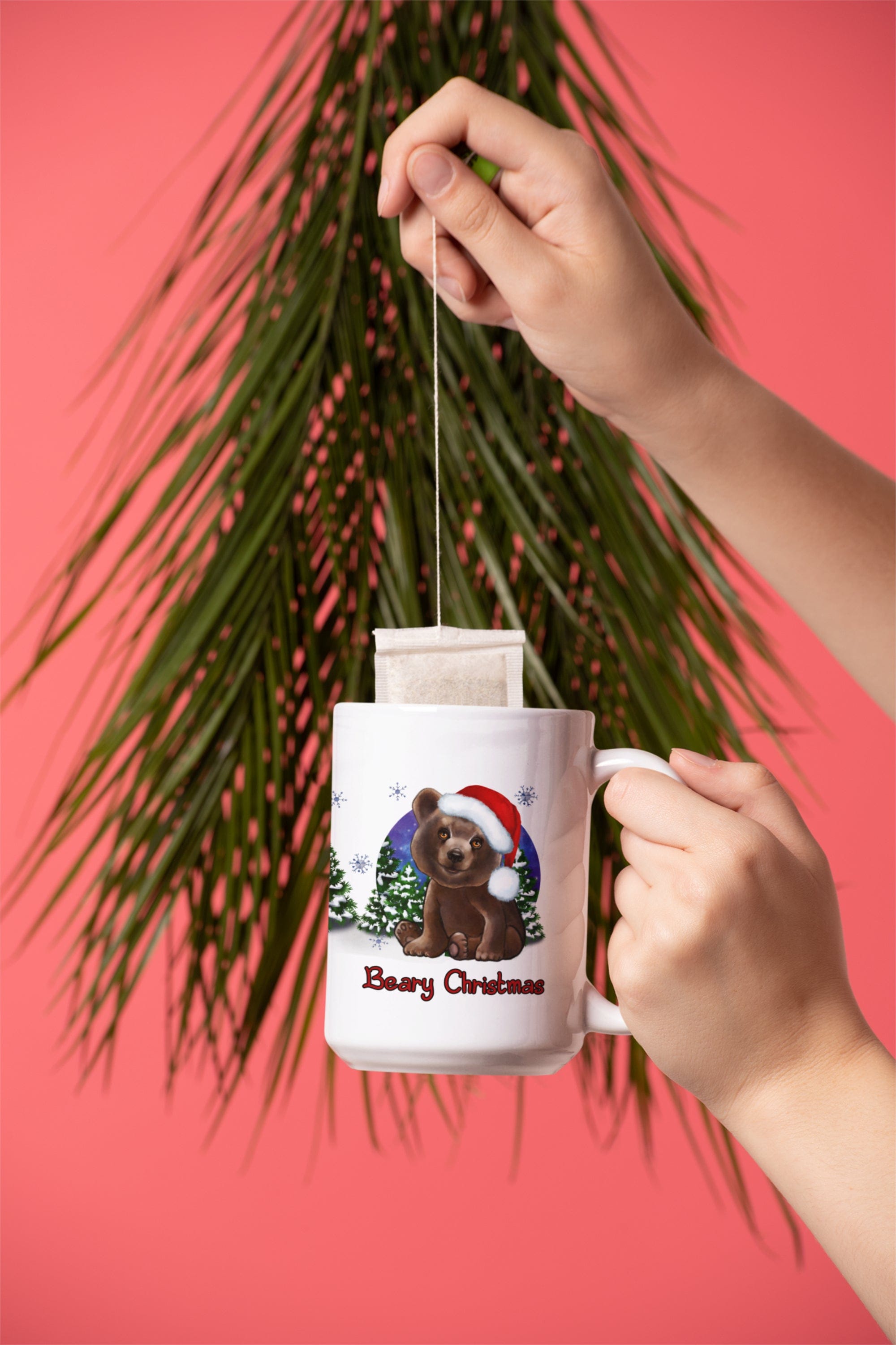 Printify Mug 15oz Coffee Mug, "Beary Christmas",  Brown Bear Mug, Red Hat, White 15oz Ceramic, Gift 15888933880454762022