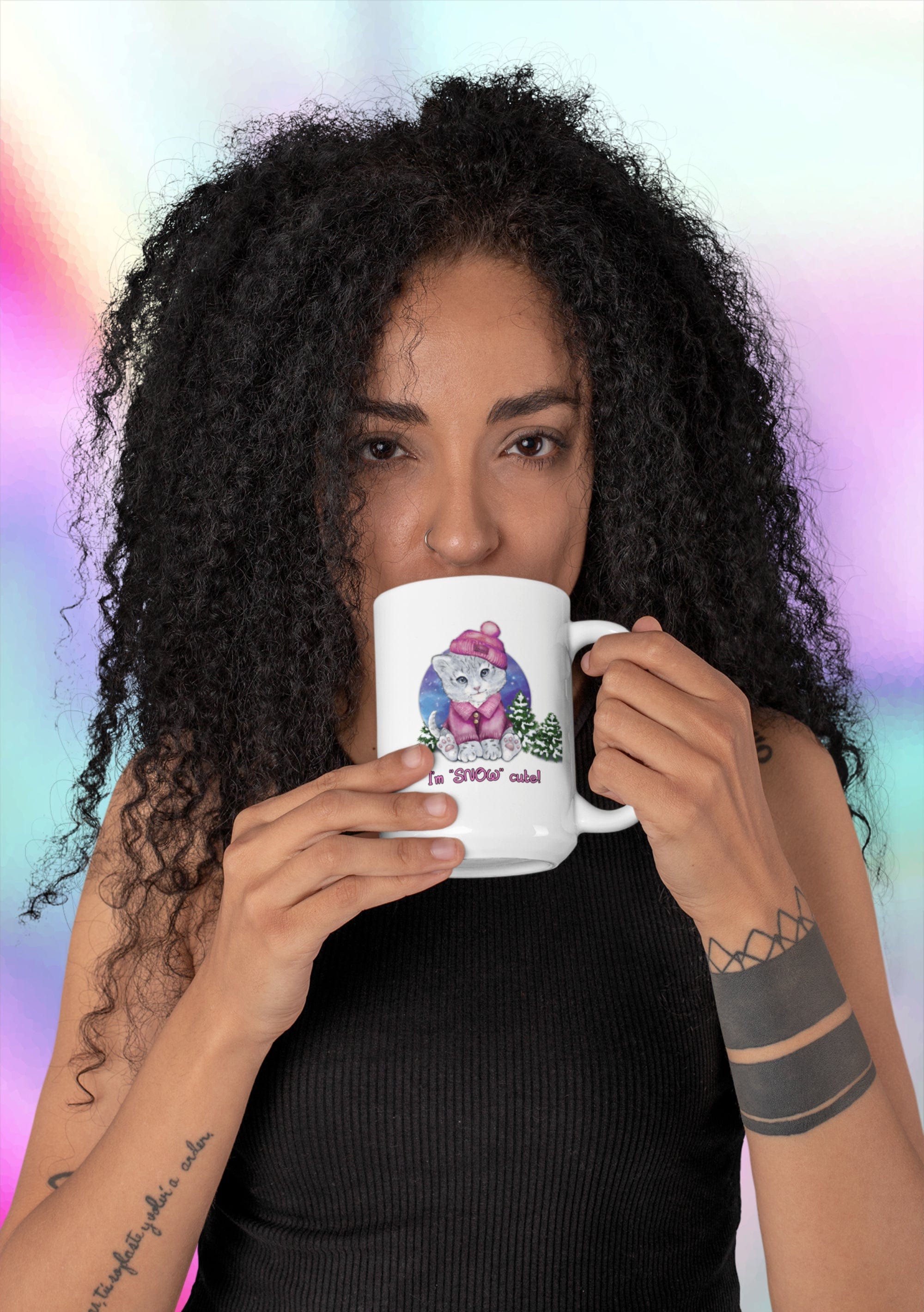 Printify Mug 15oz Coffee Mug, "I'm SNOW Cute!",  Baby Snow Leopard Mug, Pink Outfit, White 15 oz Ceramic, Gift for Her, Cute Mug 13199455690845617856