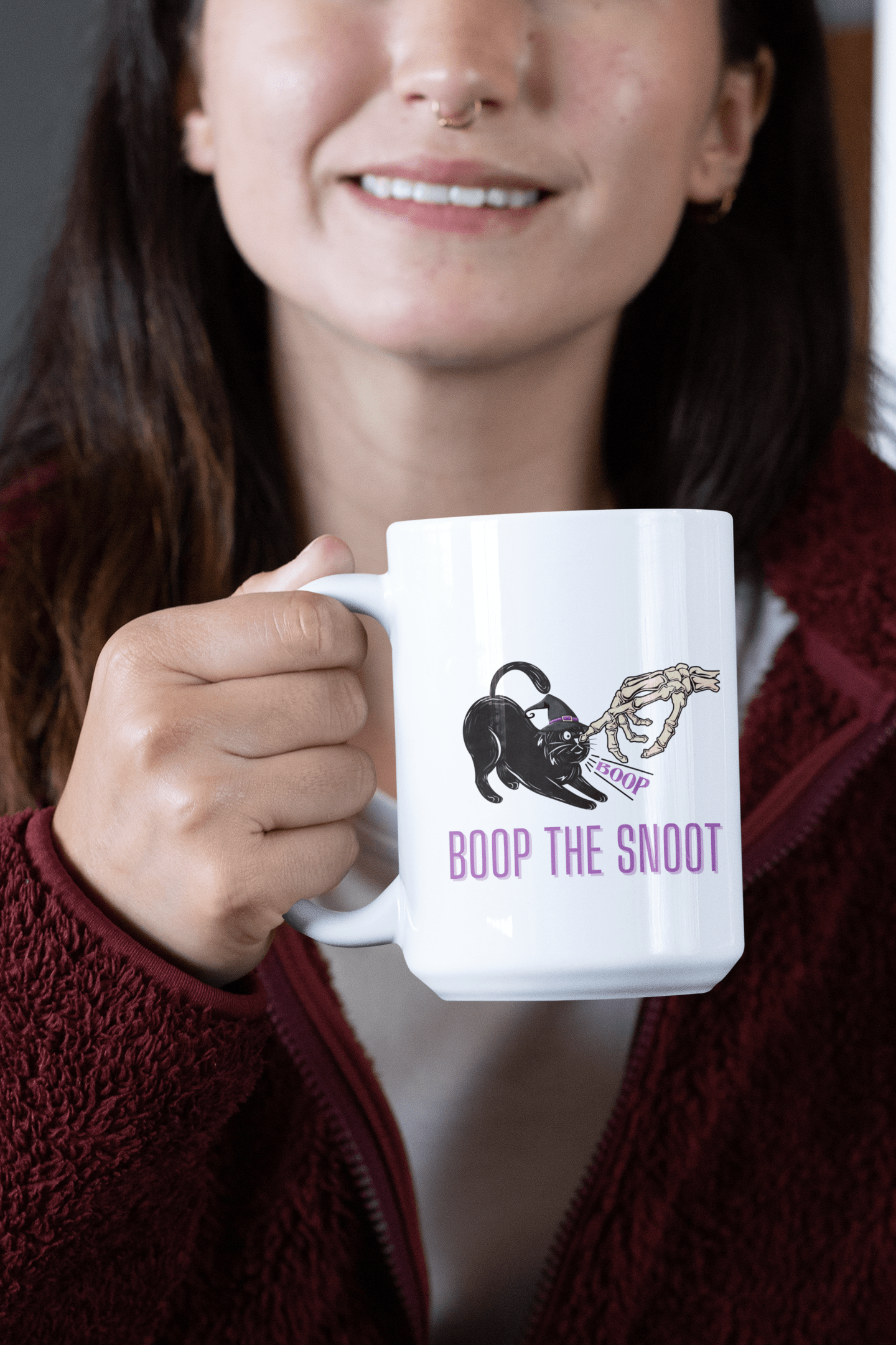 Printify Mug 15oz Coffee Mug, "Boop the Snoot", Mug White 15oz Ceramic, Gift for Her, Gift for Him. Halloween Mug, Cat Lover Gift 29559781271710523414