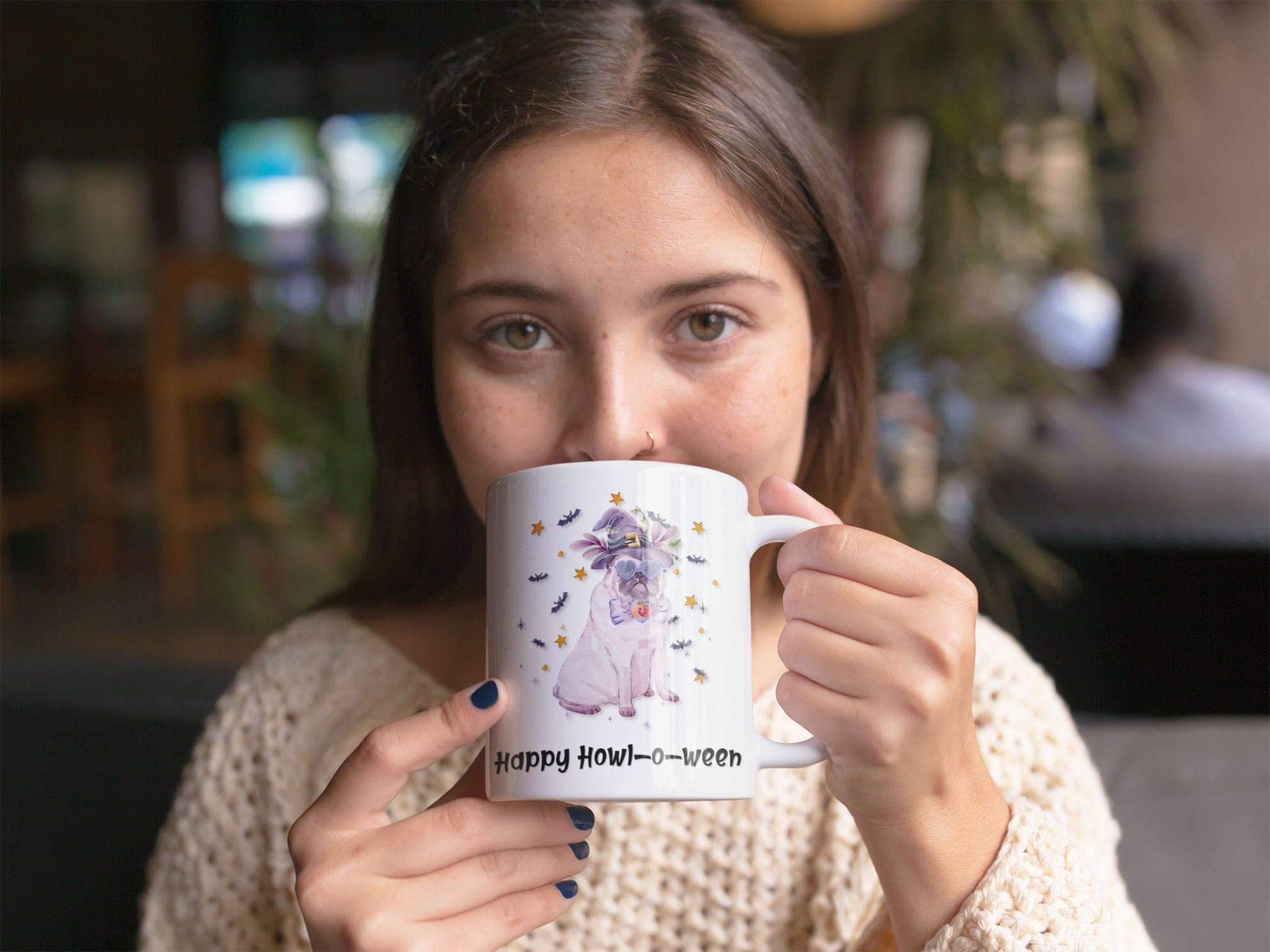 Printify Mug 11oz Coffee Mug, Happy Howl-o-ween, White 11oz Ceramic Mug, Pug Mug, Gift for Her, Humorous Mug, Dog Lover Gift, Free Shipping 25378626186534876927