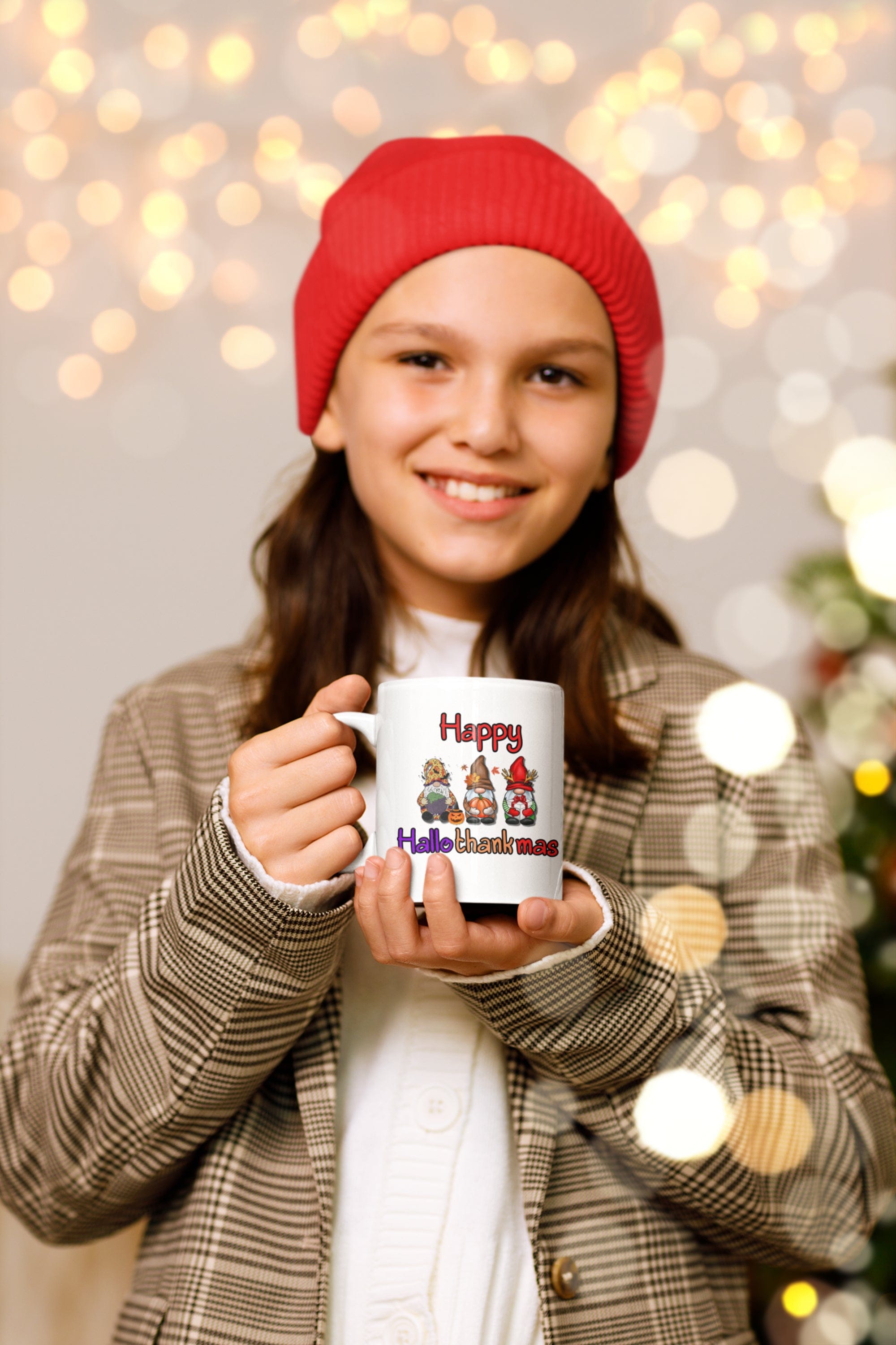 Printify Mug 11oz Coffee Mug, "Happy Hallothankmas" White 11oz Ceramic Mug , Gift for Her or Him, Humorous Mug, Humorous Gift 25392184352639115477