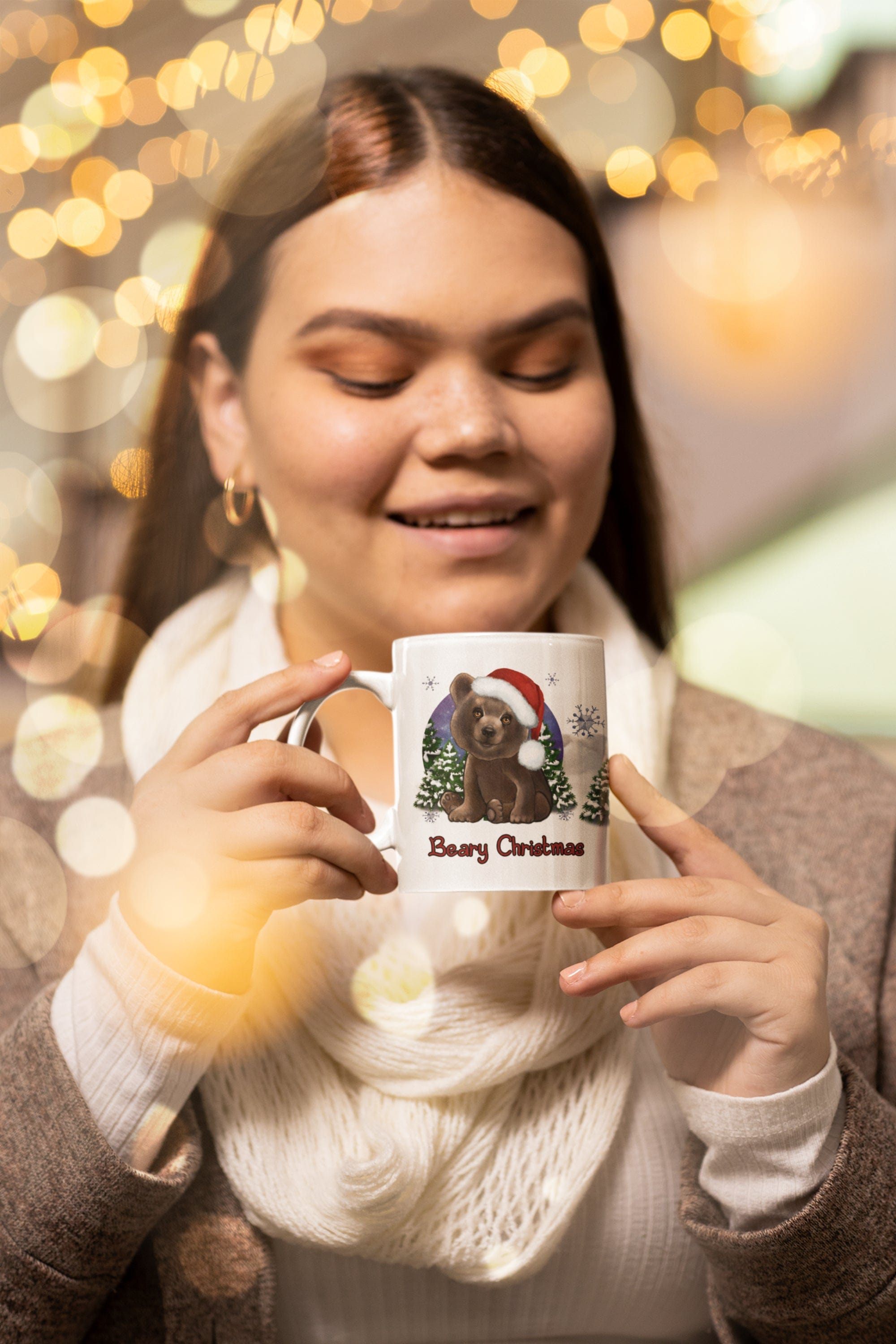 Printify Mug 11oz Coffee Mug, "Beary Christmas",  Brown Bear Mug, Red Hat, White 11oz Ceramic, Cute Mug, 26226106429444536752
